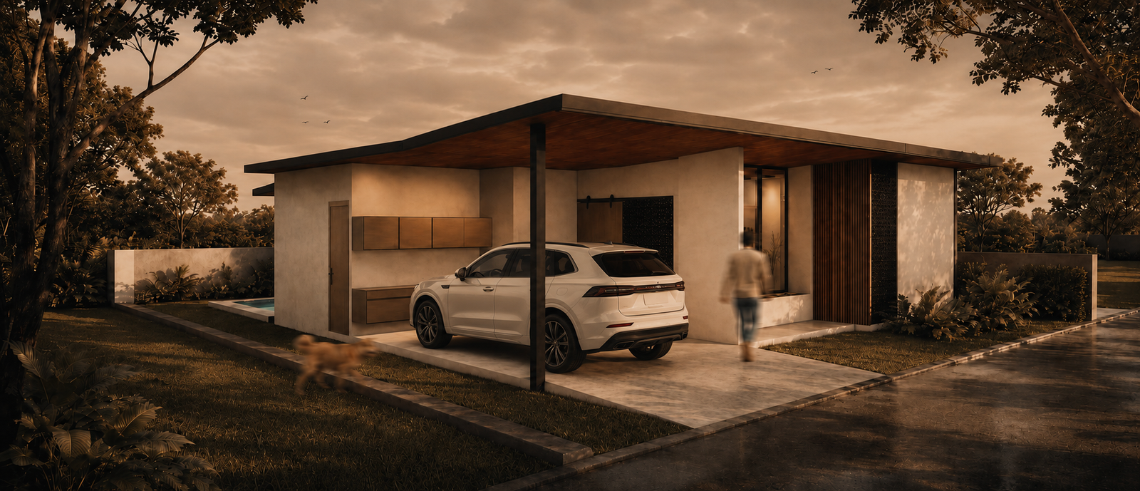 Vivienda contemporánea de ALMMA Arquitectura al atardecer, con cubierta flotante y espacios abiertos al paisaje