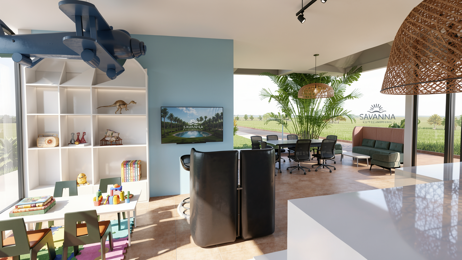 Zona de atención y espacio infantil de la sala de ventas Savanna Campestre