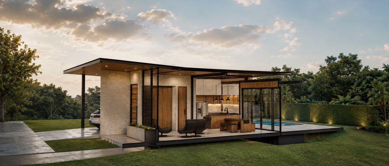 Vivienda campestre contemporánea de ALMMA Arquitectura al atardecer